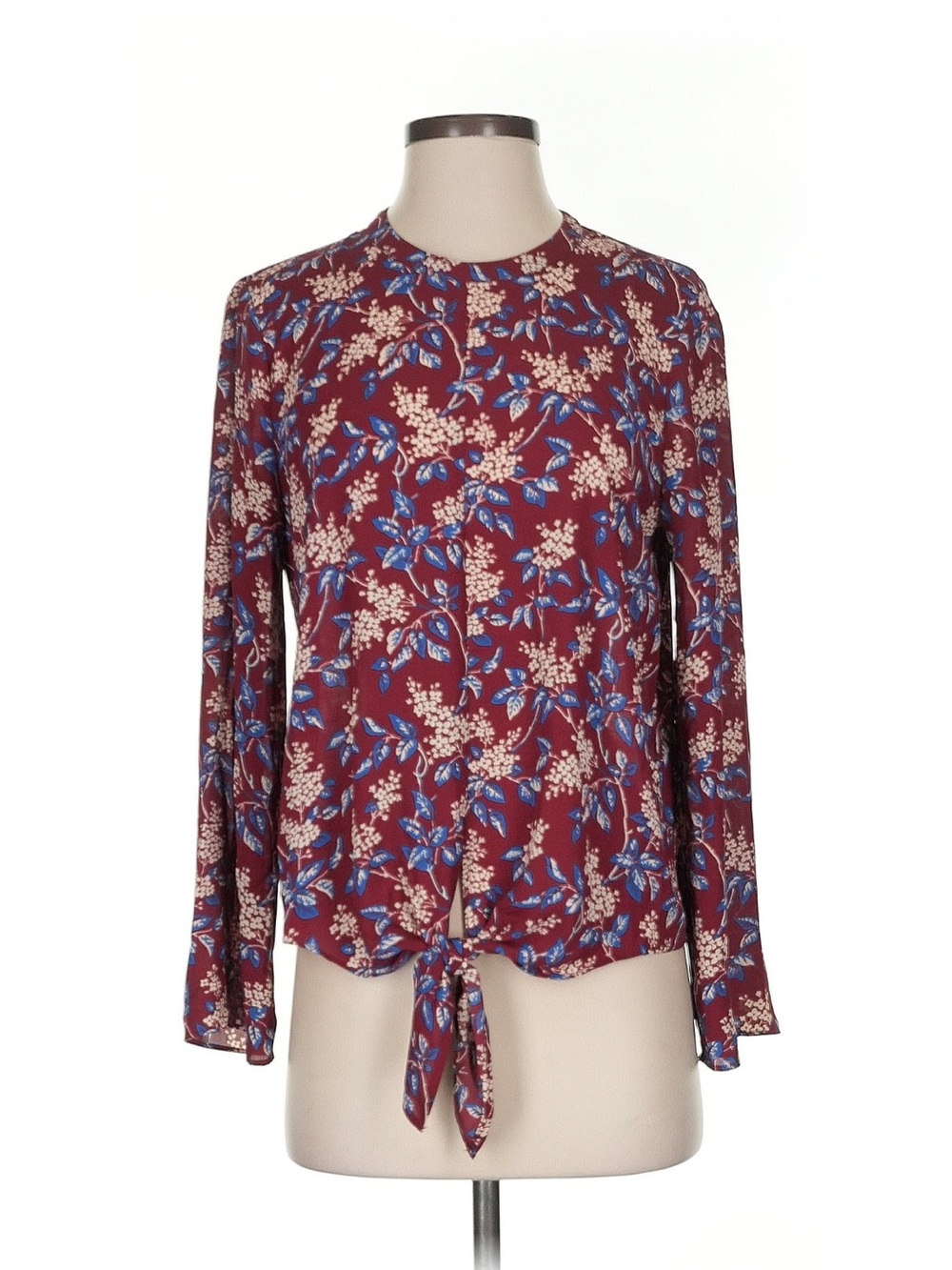 Madewell Burgundy Floral Tie-Front Long Sleeve Blouse